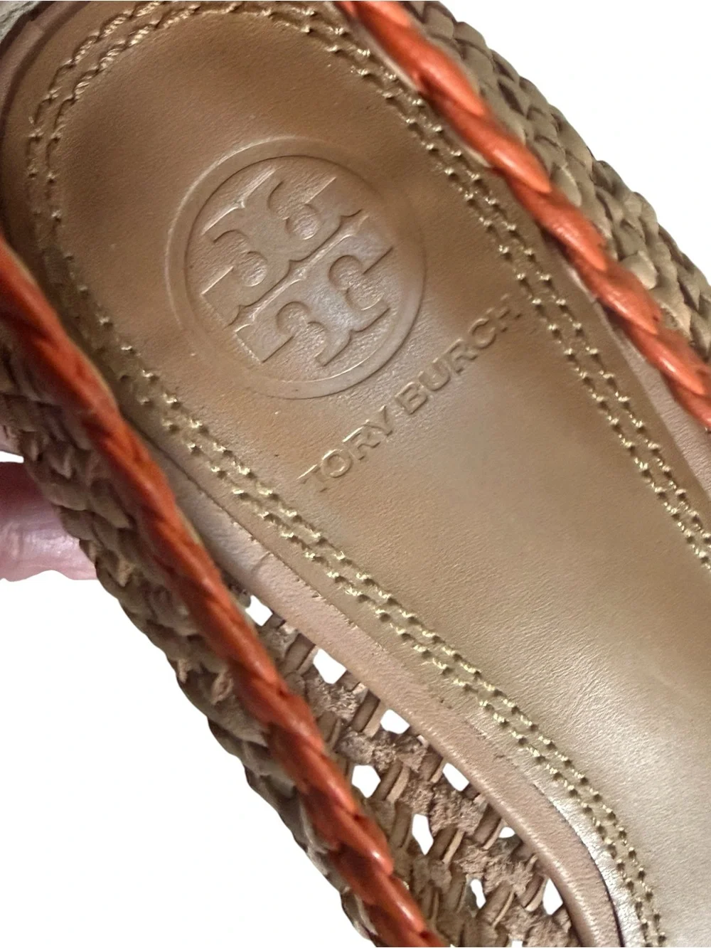 Tory Burch Coral Orange Woven Leather Ballet Flats w Gold Medallion Size 6